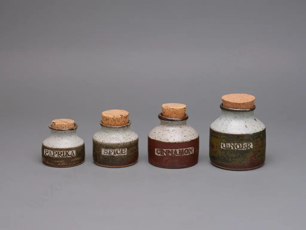 A set of seven Len Castle stoneware herb/spice jars, Image 1++
